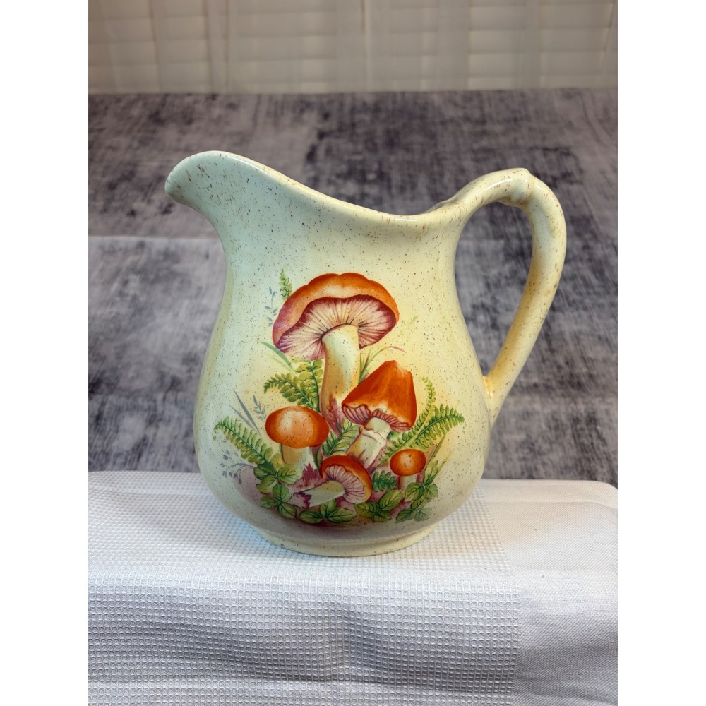 Vintage Mushroom Ceramic Pitcher Speckled Stoneware Cream 7in